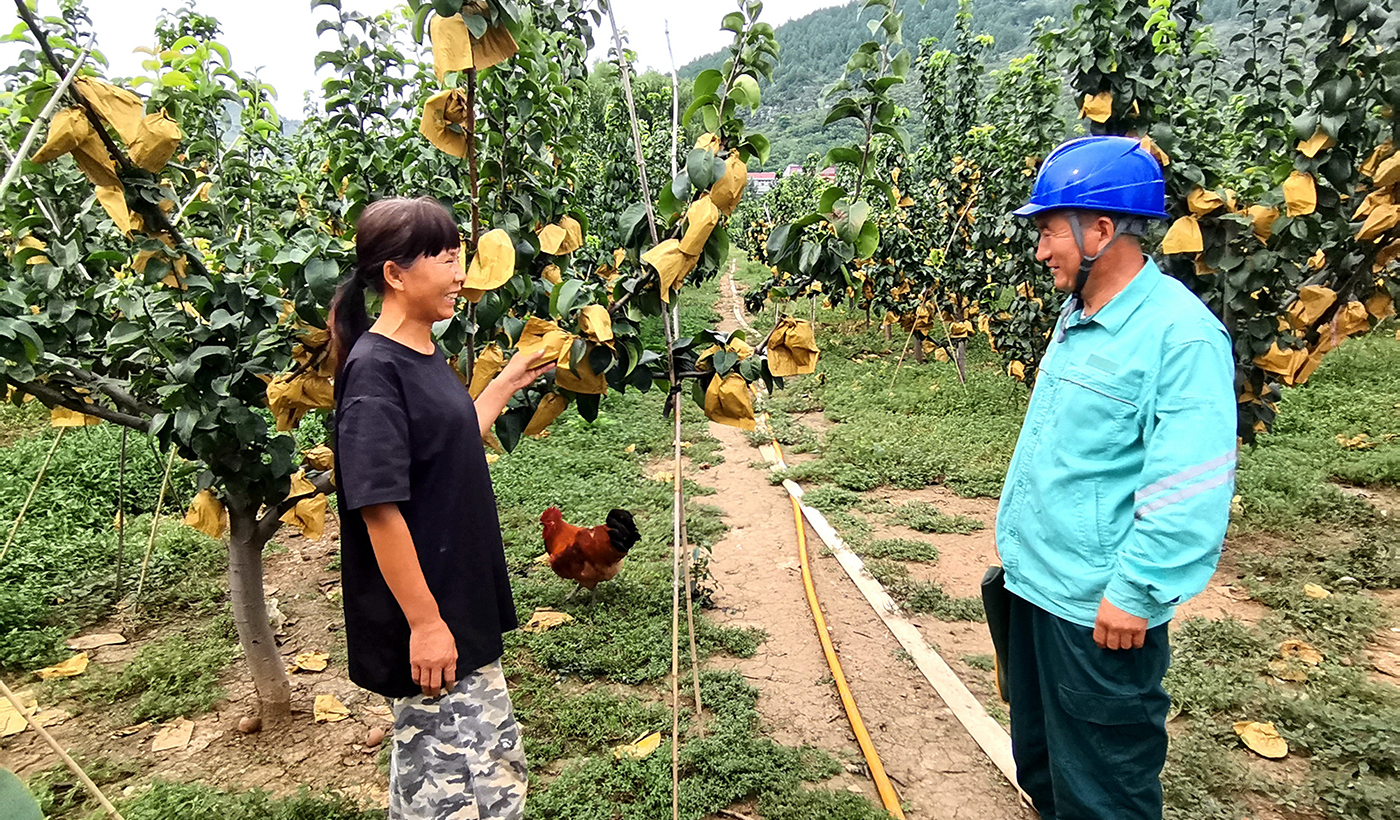 同步入户走访沿线果农，询问了解用电服务需求，帮助客户排查并消除果园灌溉用电安全隐患，确保果园用电安全可靠，助力果农增产增收。